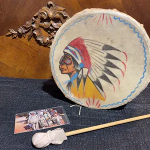 Hand-Painted Native-Style Drum With Beater, Postcard 'Chief Running Horse & Family' 1962
