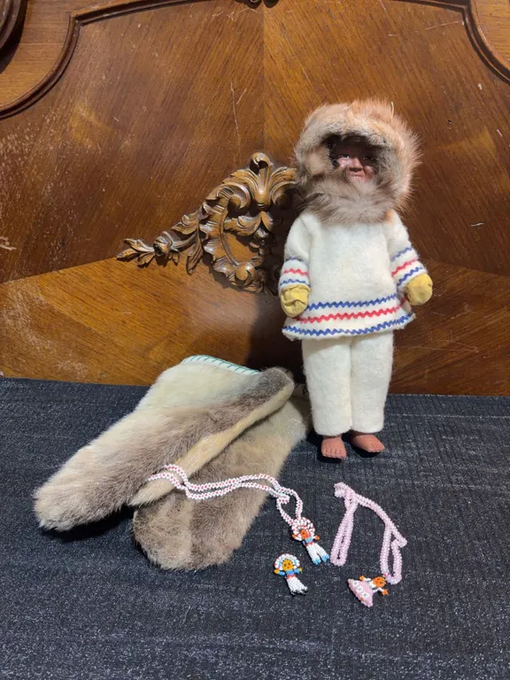 HBC Inuit 1920’s Doll With Fur Trim, Handmade Seal Skin Mittens lg/xlg. Beaded Necklaces An