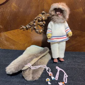 Inuit 1920’s Doll With Fur Trim, Handmade Seal Skin Mittens lg/xlg. Beaded Necklaces And Charms