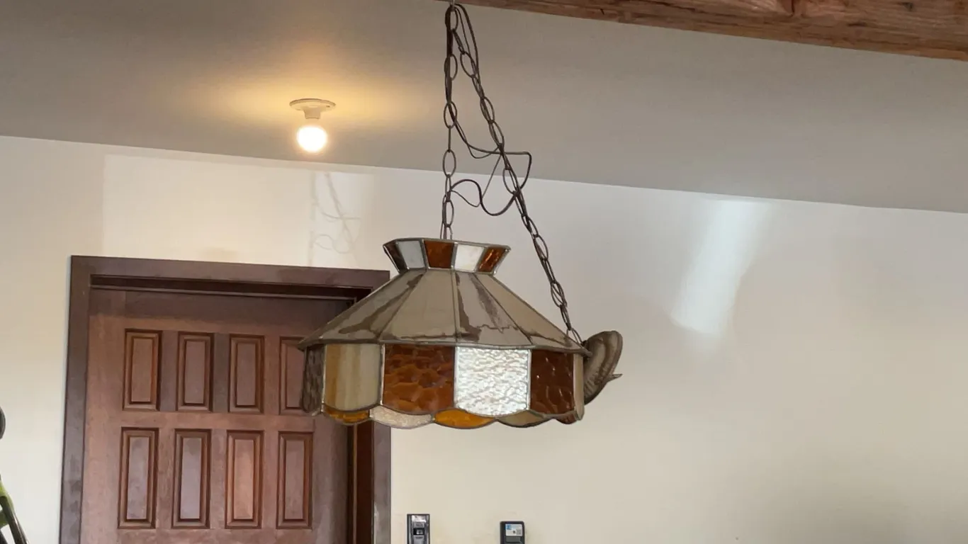 Tiffany Style Hanging Lamp with Stained Glass Shade in Amber and Cream Tones