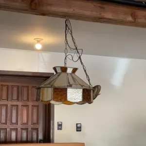 Tiffany Style Hanging Lamp with Stained Glass Shade in Amber and Cream Tones