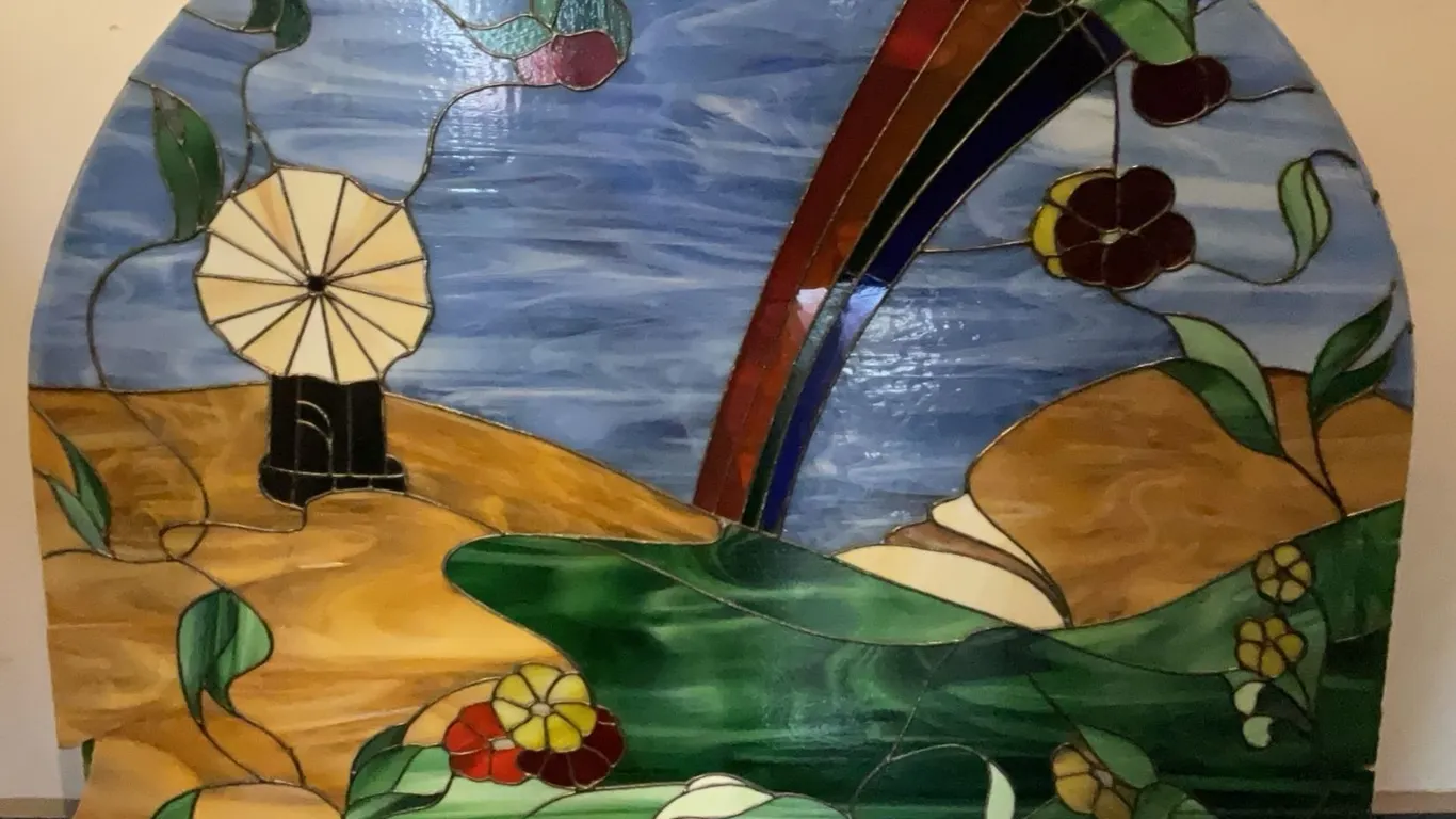 Four Arched Stained Glass Panels, Three Landscape Variations and One Lobster Theme, 35x39 in