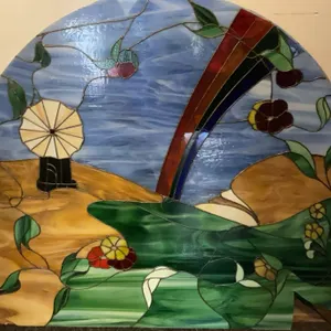 Four Arched Stained Glass Panels, Three Landscape Variations and One Lobster Theme, 35x39 in