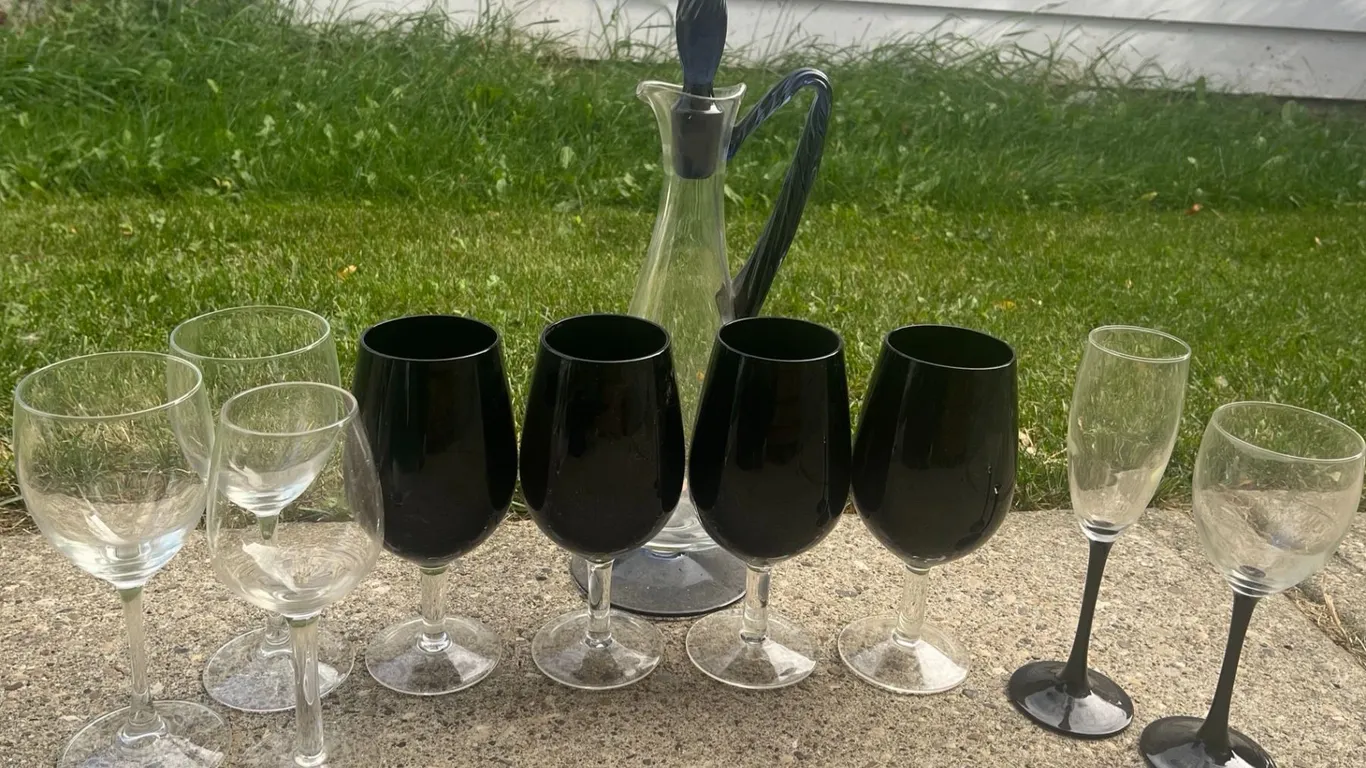Clear and Purple Glasses With Matching Purple Handled Decanter