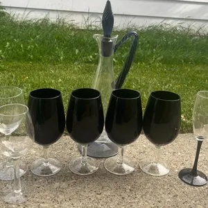 Clear and Purple Glasses With Matching Purple Handled Decanter
