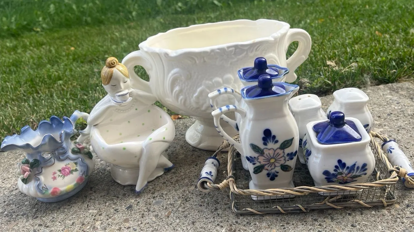 Decorative Ceramic Lot: Spice Set, Creamer, Figurine Planter, White Jardiniere