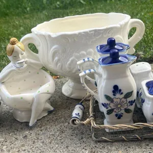Decorative Ceramic Lot: Spice Set, Creamer, Figurine Planter, White Jardiniere