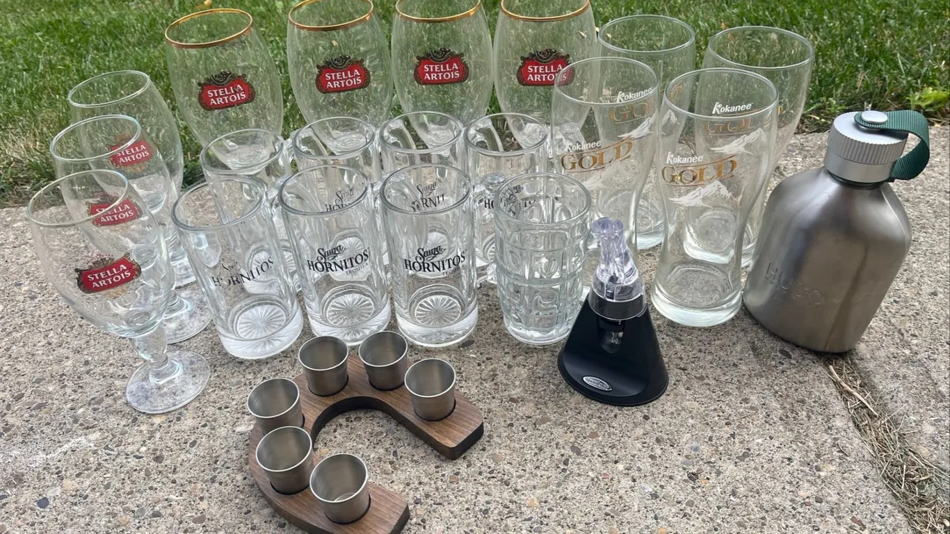 Barware Lot: Stella Artois, Hornitos, Kokanee Glasses, Hugo Boss Flask, Aerator, Shot Set