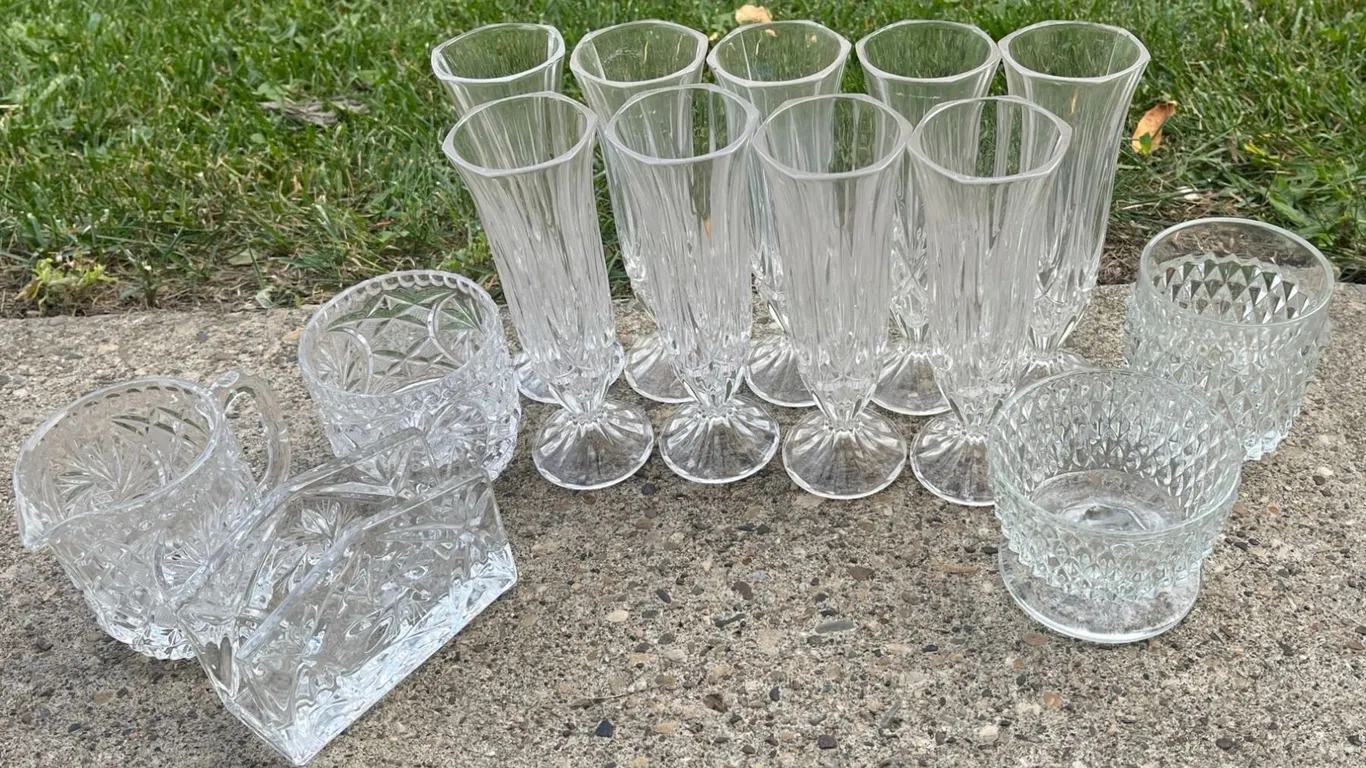 Crystal Glass Barware Including Tumblers, Dessert Bowls, Glasses, and Serving Pieces