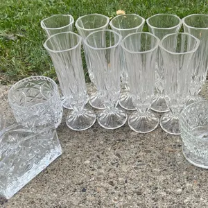 Crystal Glass Barware Including Tumblers, Dessert Bowls, Glasses, and Serving Pieces