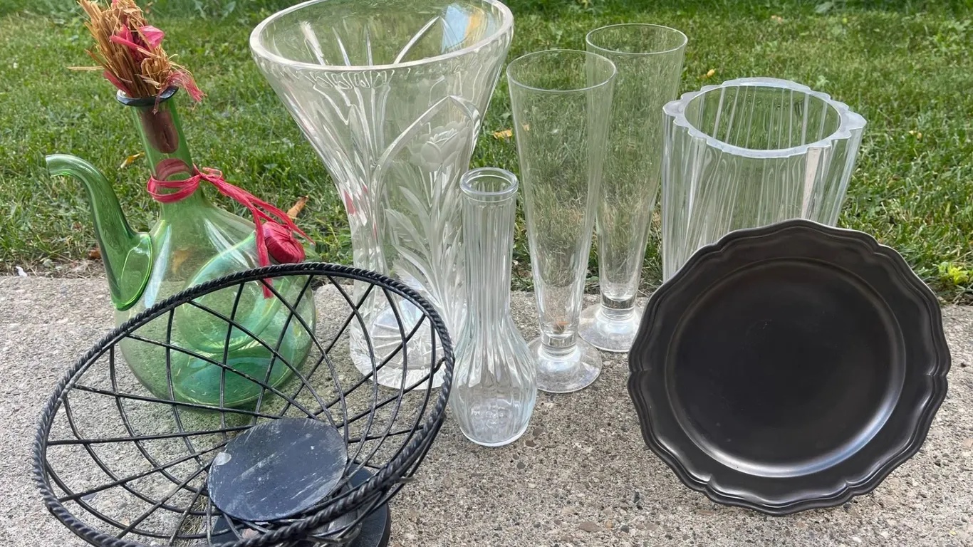2 Crystal Vases, Green Glass Jug, Metal Basket, and Plate