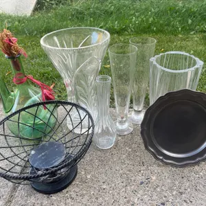 2 Crystal Vases, Green Glass Jug, Metal Basket, and Plate