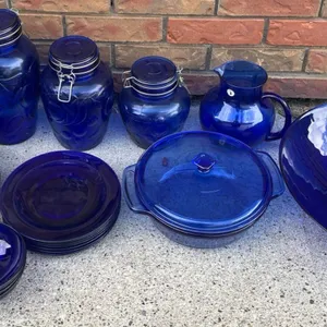 Cobalt Blue Glass Dinnerware, Anchor Hocking Overware Casserole, Jars, Bowls, Plates