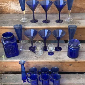Cobalt Blue Glassware With Assorted Mugs, Goblets, Jars and Decanter