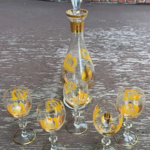 Hand Painted Glass Decanter With Stopper and 5 Matching Cordial Glasses Gold Floral