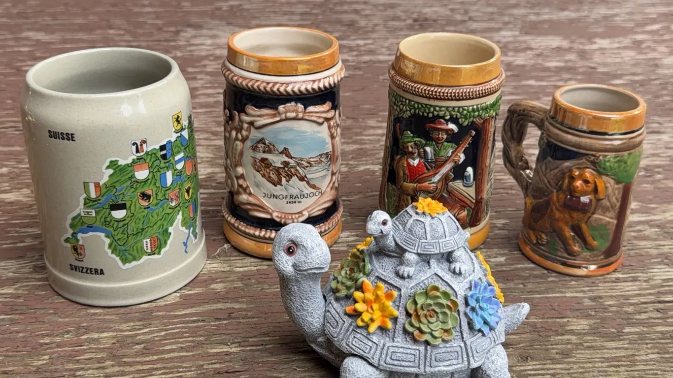 Four Swiss and German Beer Steins and Decorative Turtle Trinket Box