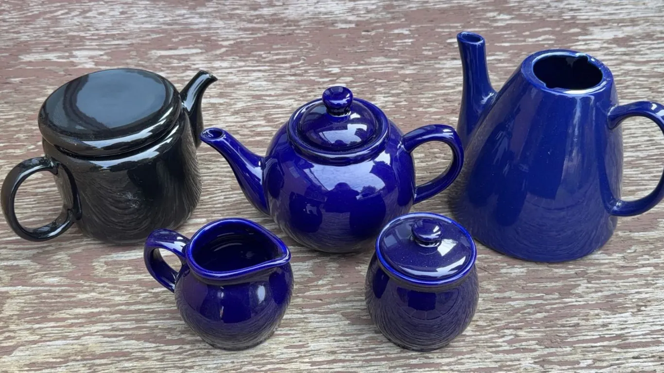 Blue and Black Ceramic Teapot and Creamer Set, 5 Pieces