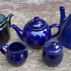 Blue and Black Ceramic Teapot and Creamer Set, 5 Pieces