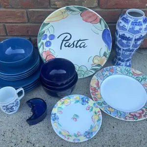 Ceramic and Glass Dinnerware Set Including Plates, Bowls, Mug, and Vase
