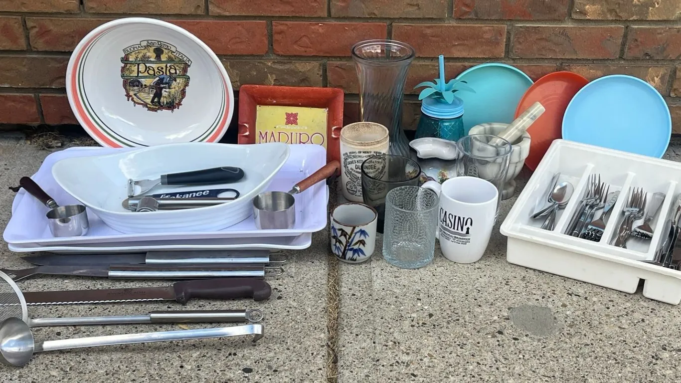 Kitchenware Lot with Dishes, Glassware, Utensils, Trays, and Mortar & Pestle