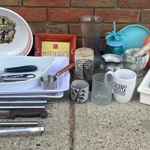 Kitchenware Lot with Dishes, Glassware, Utensils, Trays, and Mortar & Pestle