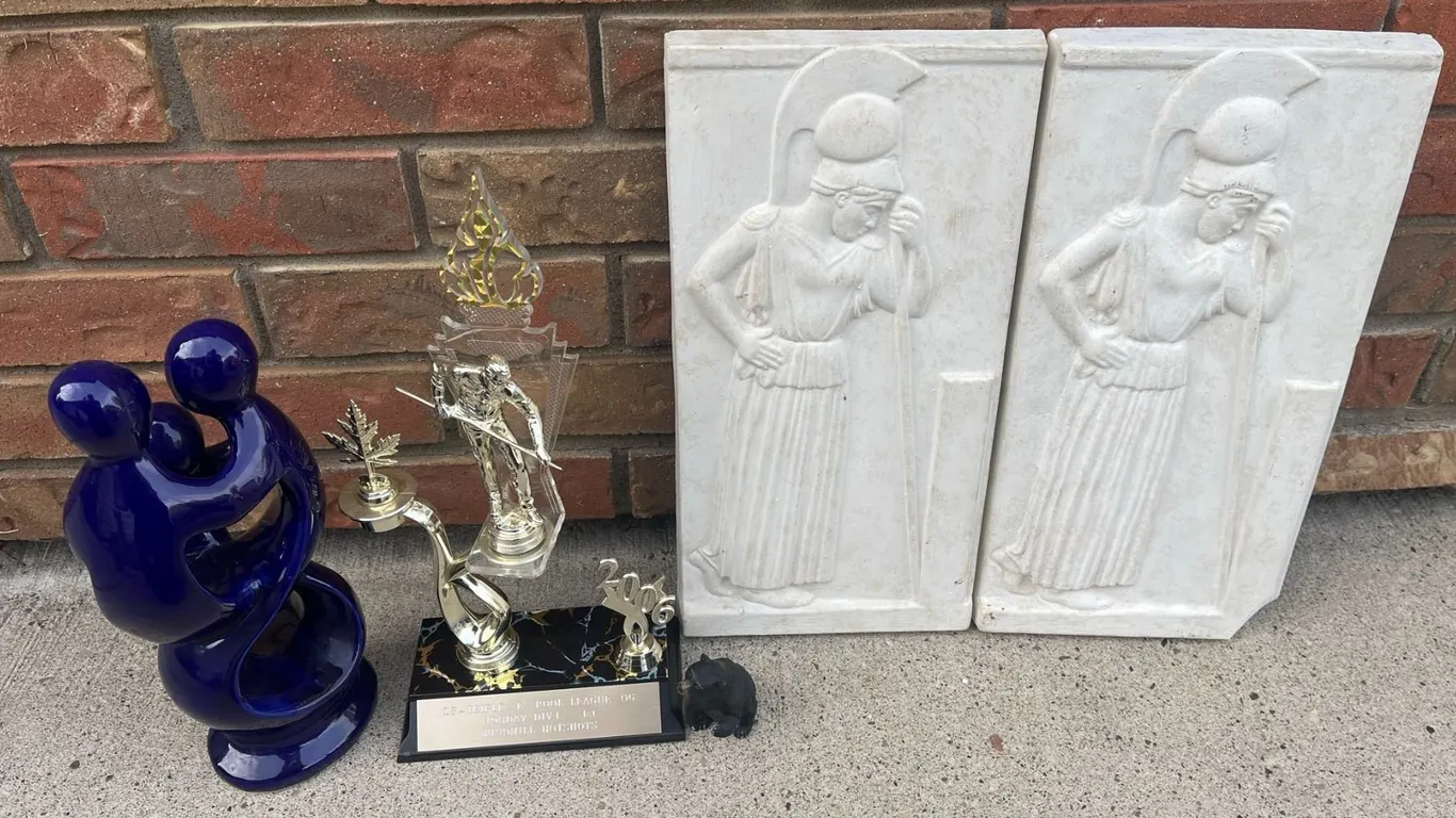 Group Lot: Blue Family Sculpture, Pool Trophy, Bear Figurine, Pair Warrior Plaques
