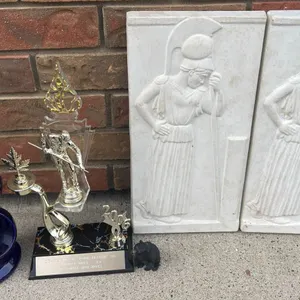 Group Lot: Blue Family Sculpture, Pool Trophy, Bear Figurine, Pair Warrior Plaques
