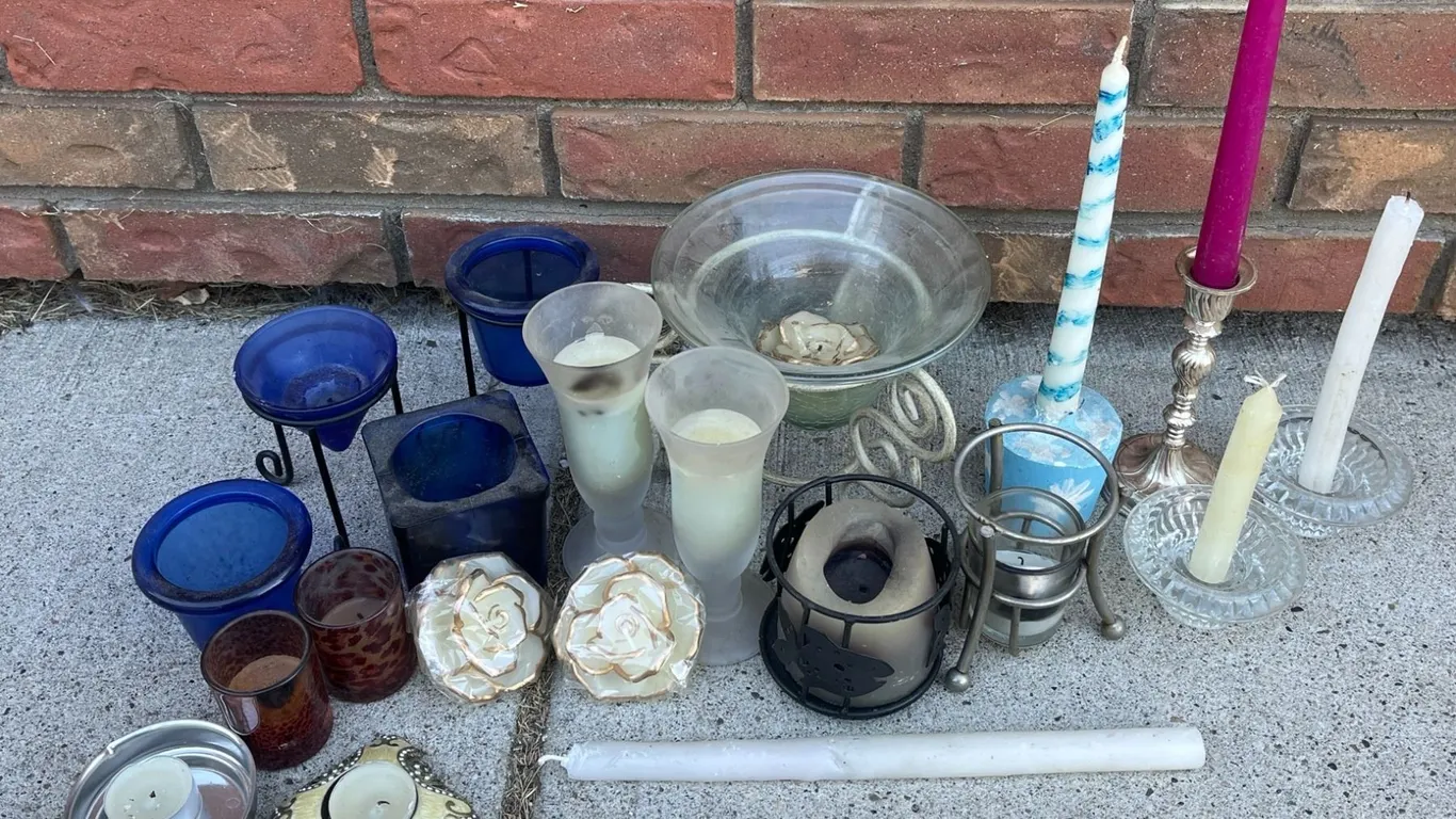 Candle Holders and Candles Lot, Various Glass, Metal, and Ceramic Pieces