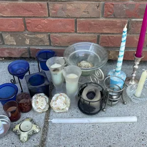 Candle Holders and Candles Lot, Various Glass, Metal, and Ceramic Pieces