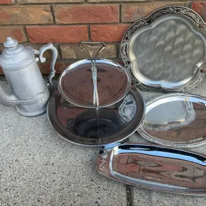Silver-Coloured Serving Trays and Aluminum Coffee Pot