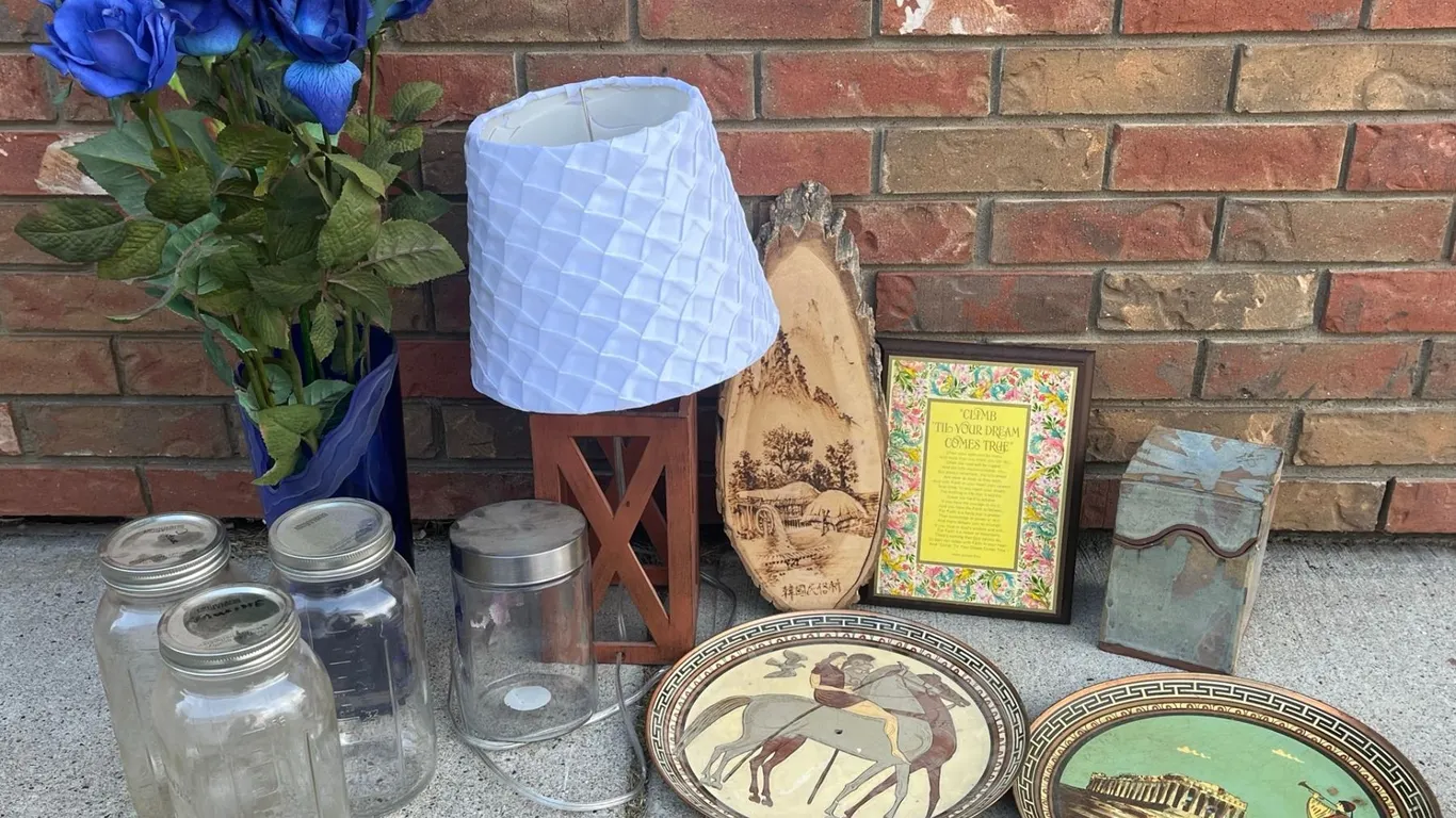 Group Lot: Greek Plates, Gibson Plaque, Vintage Mason Jars, Pottery Box, Lamp, Vase