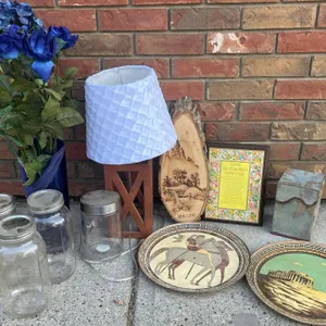 Group Lot: Greek Plates, Gibson Plaque, Vintage Mason Jars, Pottery Box, Lamp, Vase
