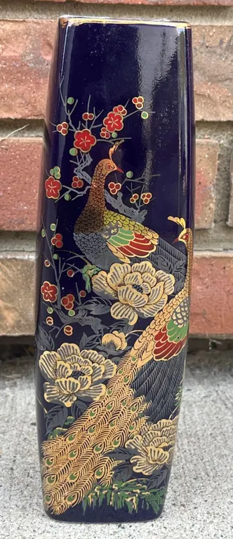 Japanese Cobalt Blue Ceramic Vase with Peacock and Floral Gold Detailing