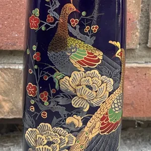 Japanese Cobalt Blue Ceramic Vase with Peacock and Floral Gold Detailing