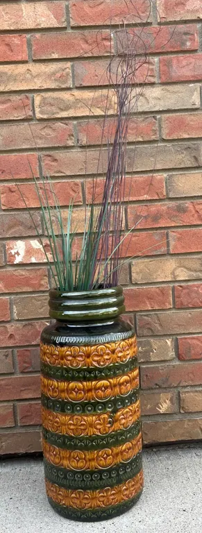 West Germany Fat Lava Floor Vase 289-47 Brown Green Glaze With Relief Geometric Pattern