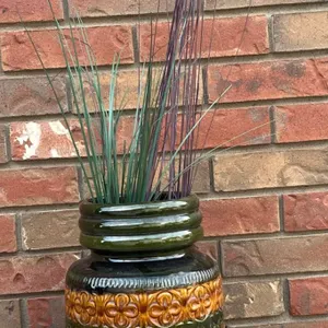 West Germany Fat Lava Floor Vase 289-47 Brown Green Glaze With Relief Geometric Pattern