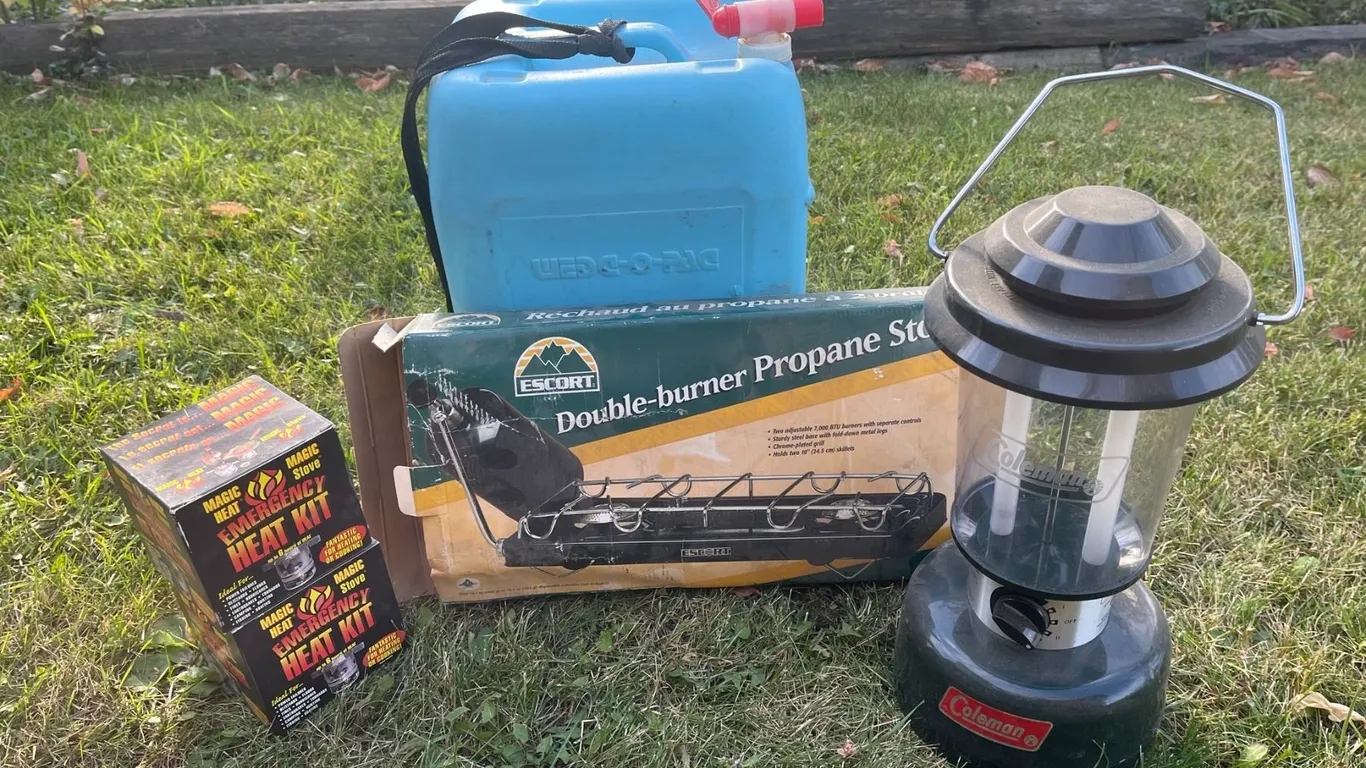 Camping Gear Lot: Escort Propane Stove, Coleman Lantern, Heat Kits, WEDCO Water Can