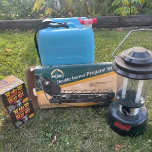 Camping Gear Lot: Escort Propane Stove, Coleman Lantern, Heat Kits, WEDCO Water Can