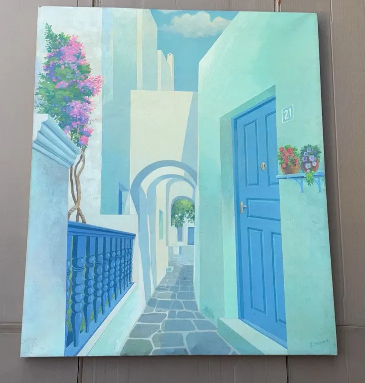 Oil Painting by J Zarkadas, Mediterranean Alleyway Scene, 45 x 54 Inches, Unframed
