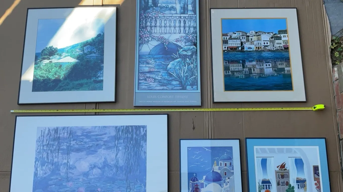 Six Framed Prints with Glass Including Monet, Tiffany, McKnight, Greek Island Scenes