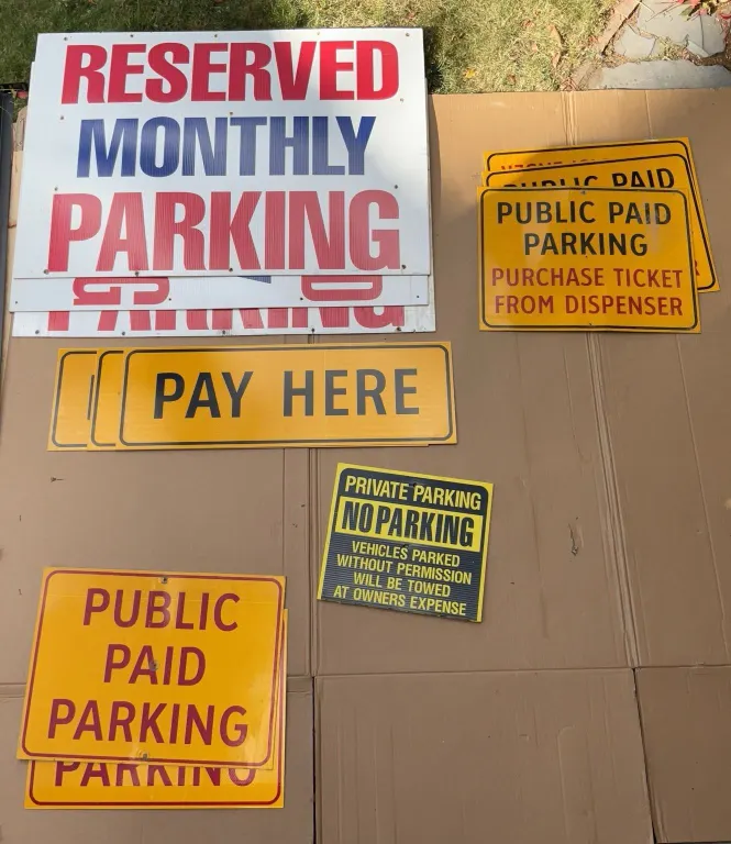 12 Parking Signs Mix of Foam Core and Metal, Largest 46x32 in, Pay Here Metal Sign