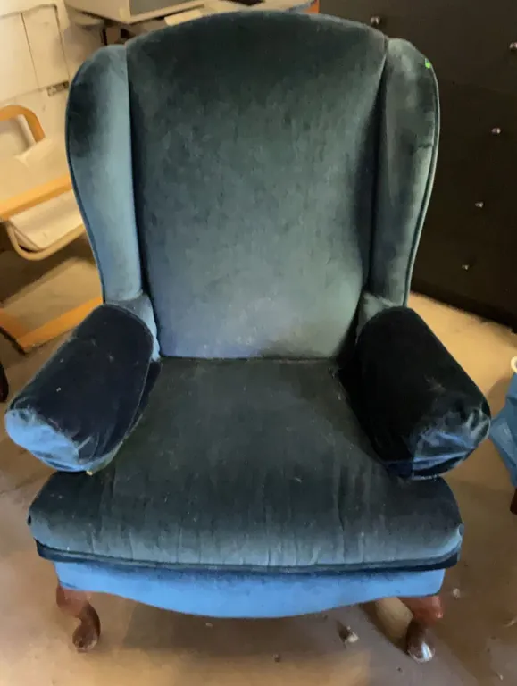 Living Room Chairs: Blue Velvet Armchair and White Upholstered Armchair
