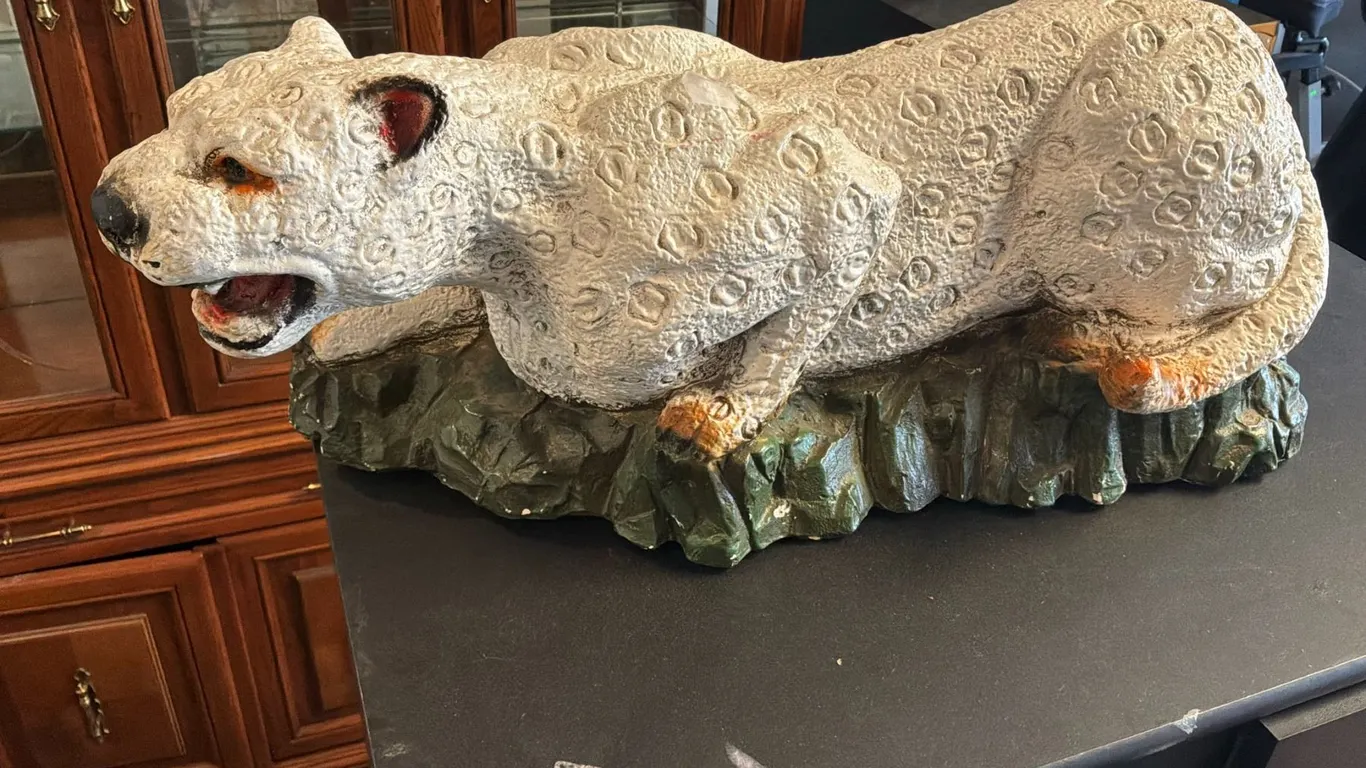 Vintage Mexican Chalkware Snow Leopard Statue - Large 24" Hand-Painted Prowling Cat, Marked Mexico