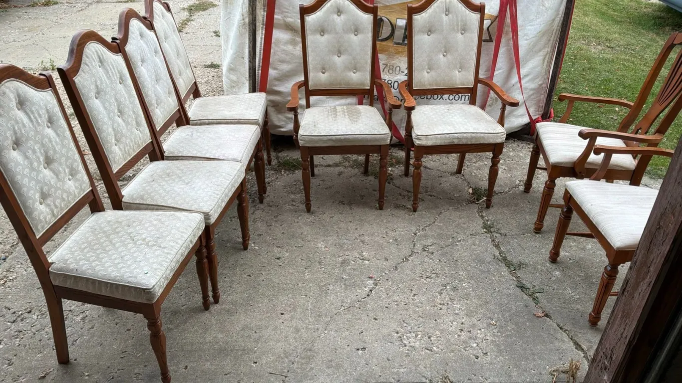 Pull Up a Seat - 8 Vintage Upholstered Dining Chairs with Turned Legs, 4 Side and 4 Armchairs