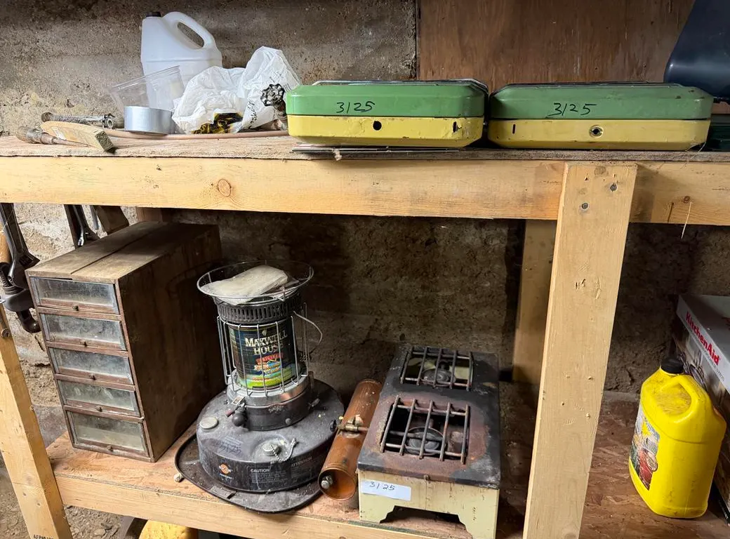 Camp Stoves, Heater & Vintage Drawers Box
