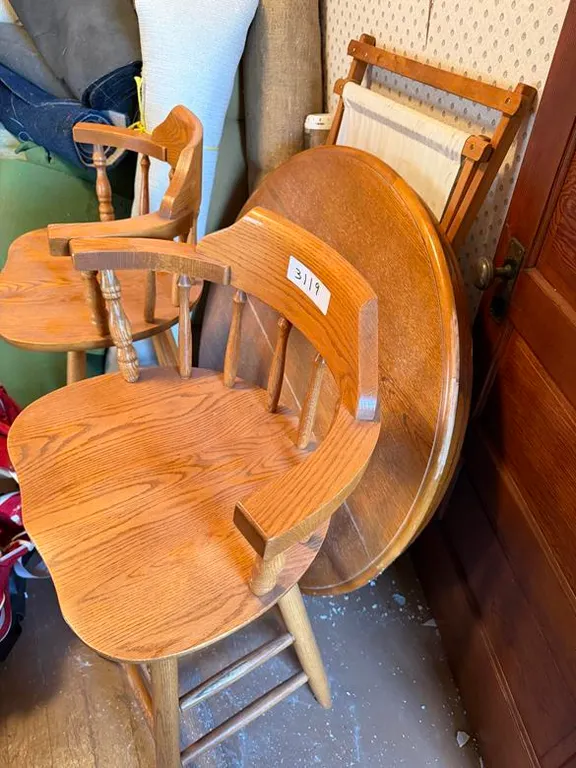 Wood Table (No Legs), (2) Chairs and Lounge Chair