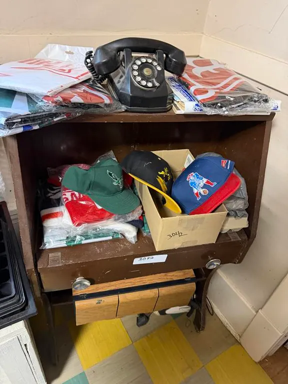 Vintage Telephone, Desk, Collection Hats and Flags