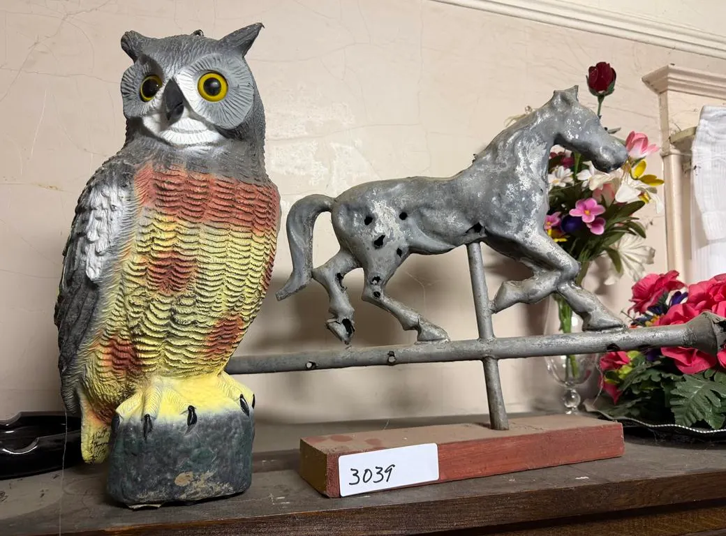 Owl Decoy & Tin Horse on Wood Mount (16" Tall)
