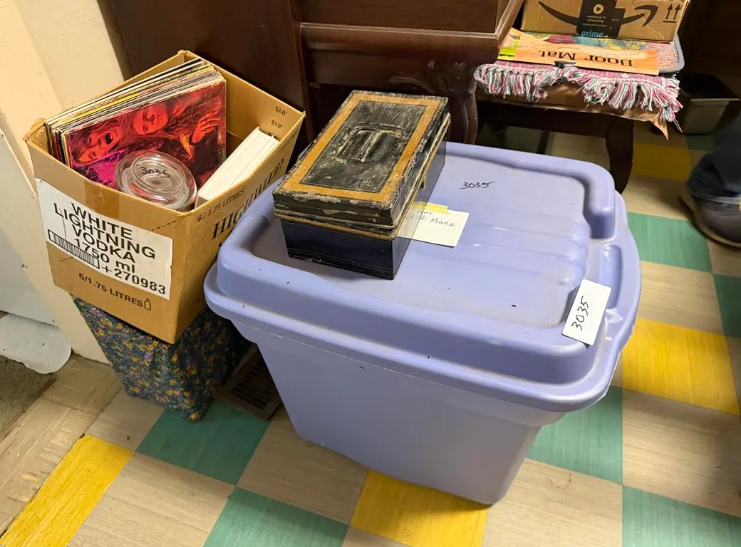 Record Albums, Tote with Ornaments & Tin Box