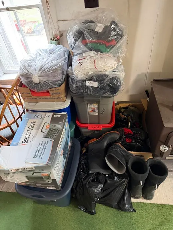 Various Boots (Size 13) and Totes with Men's Clothing